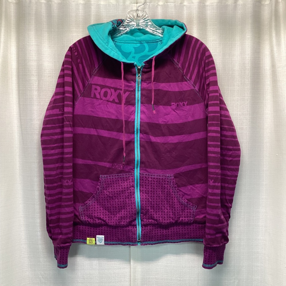 Vtg Y2K Roxy Reversible Full Zip Hoodie Teal Purple Striped Floral Grunge Punk M